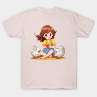 Girls playing with chickens T-Shirt